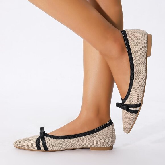 Women's Beige Black Pointed Toe Knit Foldable Ballet Comfortable Slip On Shoes - Picture 4 of 5